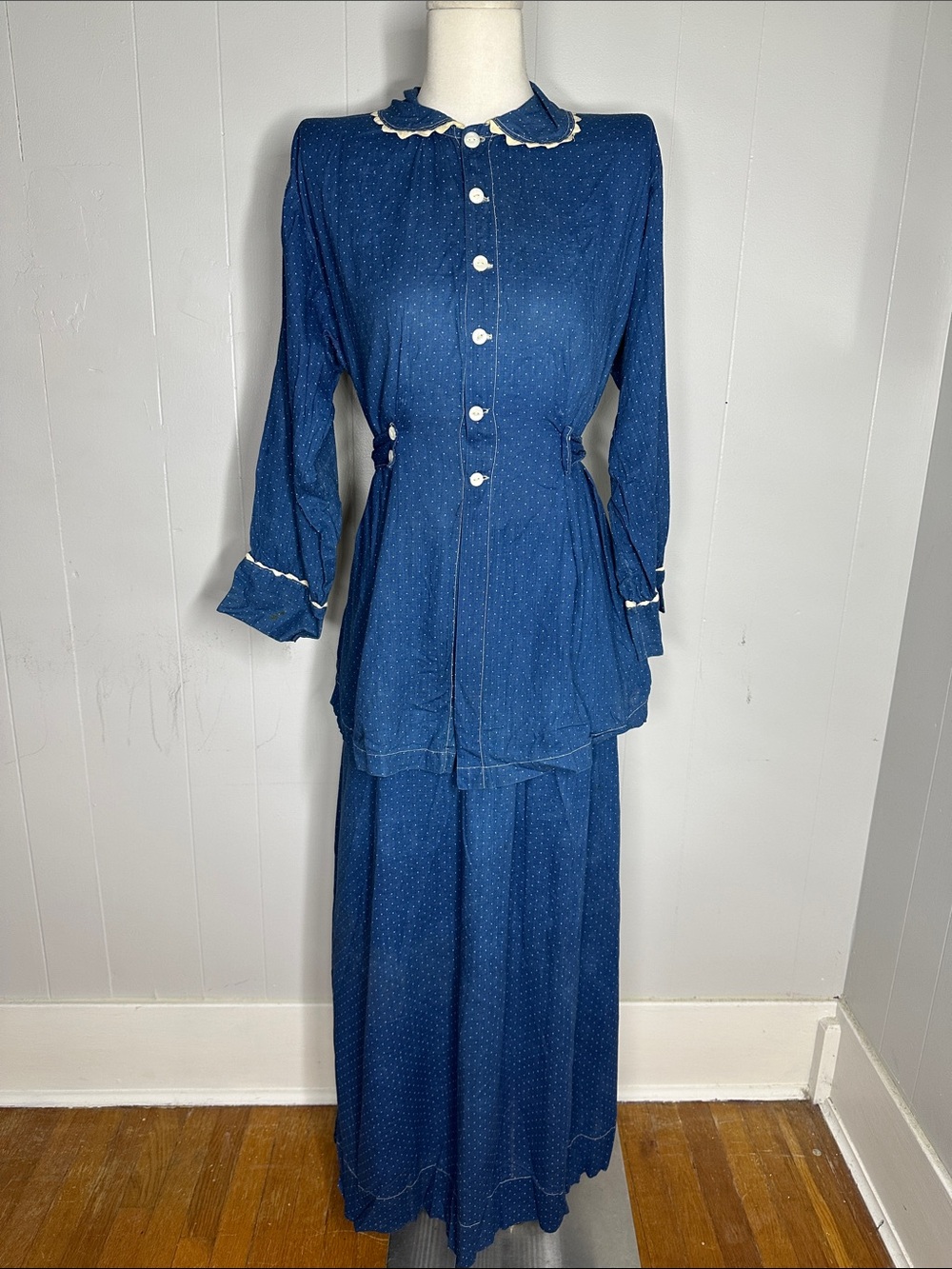 Antique 1910s Indigo Blue Polka Dot Skirt And Blouse Set